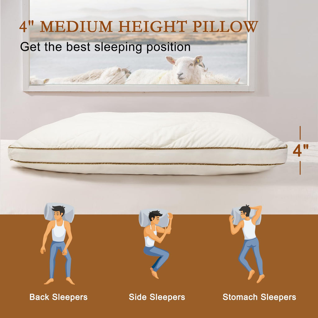 YOUR MOON Soft Natural Wool Pillow Queen, Flat & Thin Wool Pillow for Sleeping, Low-Loft Bed Pillows for Back and Stomach Sleepers, Breathable Soft Cotton Cover(Off White)