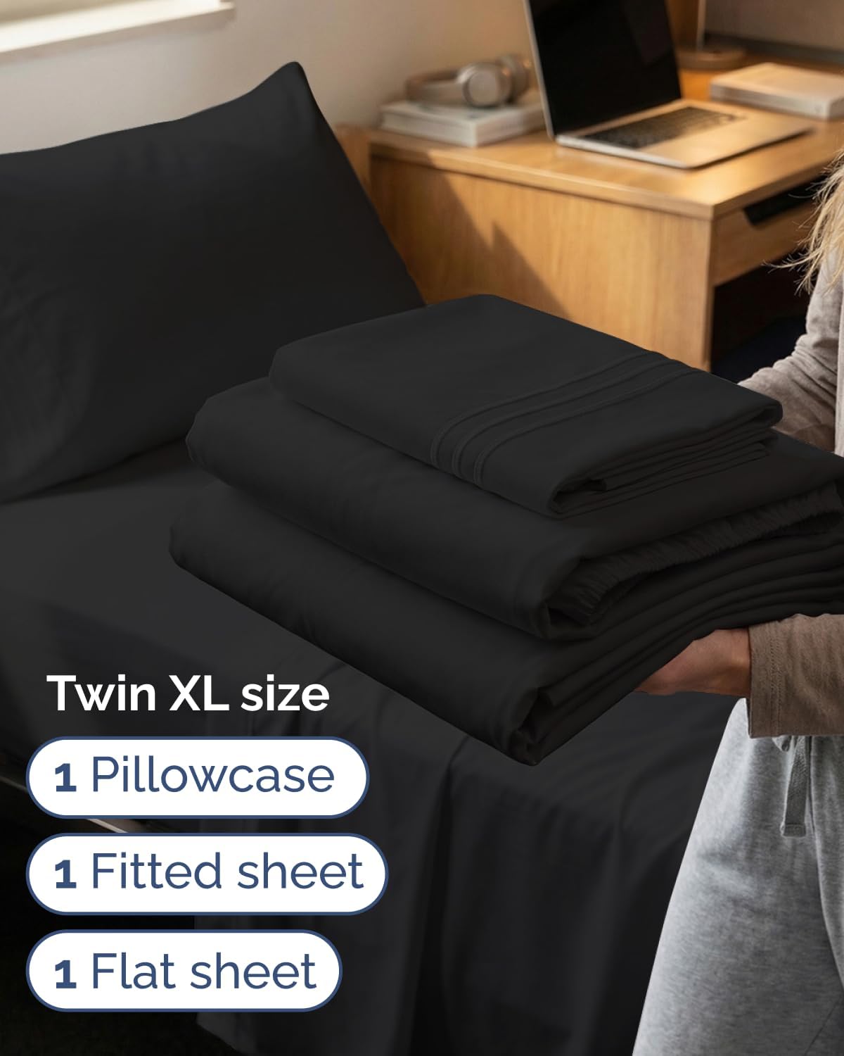 Skiennix Twin XL Sheet Set - Comfy Cooling Bed Sheets - Ultra-Soft, Deep Pockets, Wrinkle-Free - Black