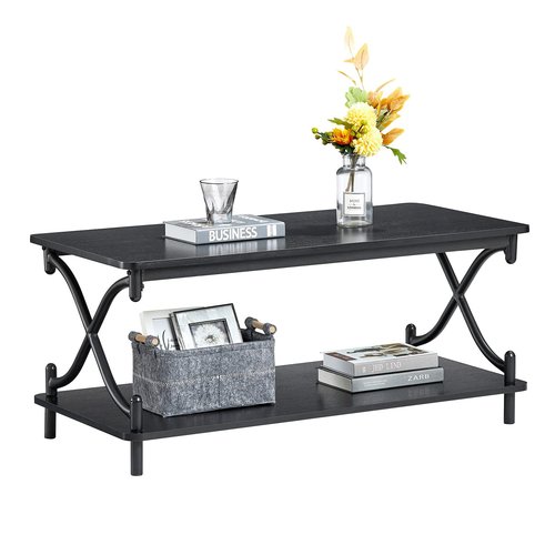VECELO 39-Inch Coffee Table with Storage and Open Shelves for Living Dining Room, Modern Rectangle & Industrial Design, X-Shape Frame, Black