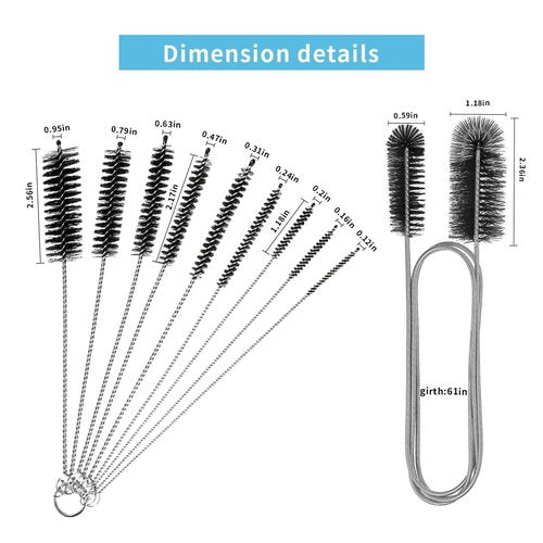 10PCS Flexible Drain Brush Straw Cleaner Brush Set,Pipe Cleaners Brush,61Inch Stainless Steel Double-Ended Hose Brush 8.2Inch Nylon Long CPAP Tube Cleaning Brush for Home Kitchen Sink Plumbing