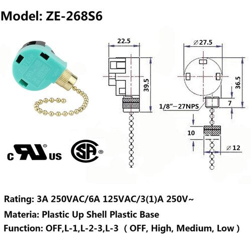Ceiling Fan 3 Speed Pull Chain Switch Control Replacement, 2PCS Brass