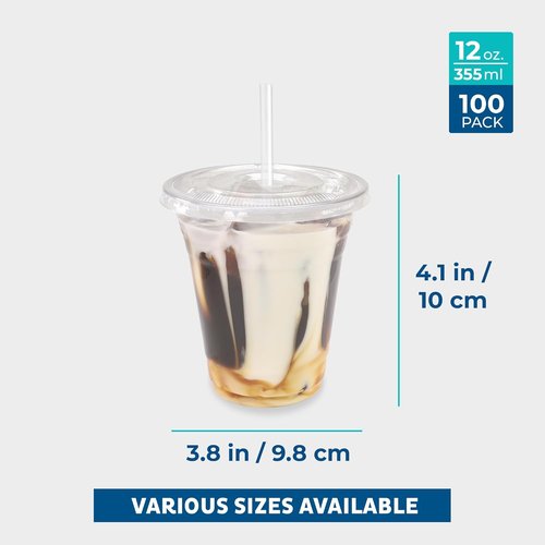Freshware 12 oz Clear Disposable Plastic Cups - Heavy-Duty Tumblers with Flat Lids & Straws | 100 Pack for Parties