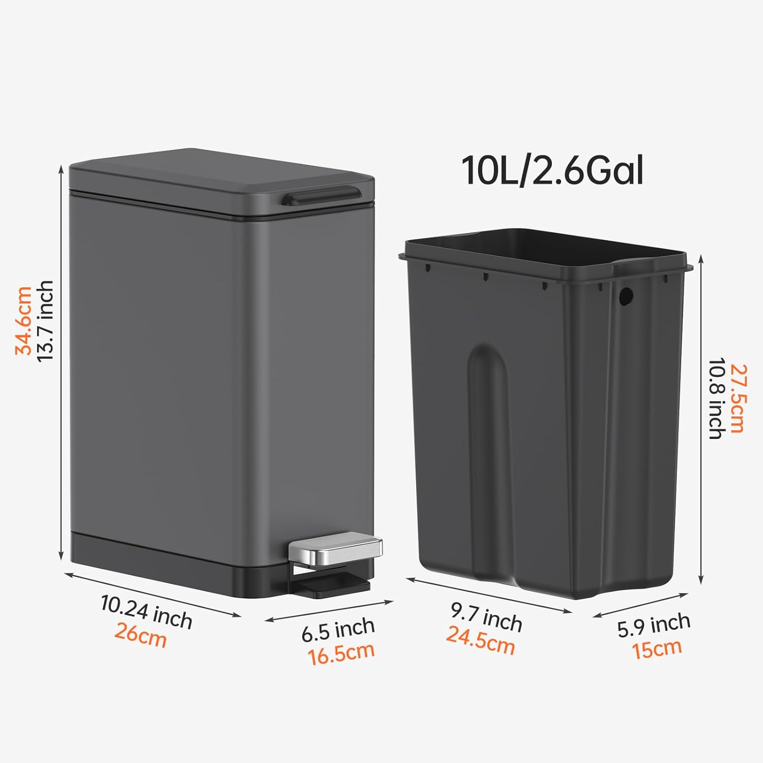 Mbillion Slim Stainless Steel Bathroom Trash Can - 10 Liter Soft Close Step Pedal | Dark Grey Wastebasket