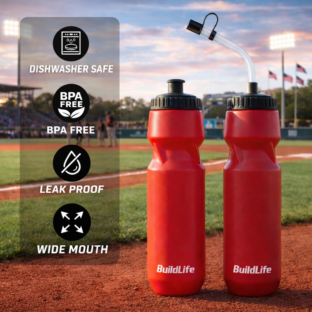 BuildLife 2 Pack Sports Water Bottle - Hockey Water Bottle with Long Straw and 2 lids (Straw and Squeeze) for Helmet Sports Hockey, Lacrosse, Football, Boxing, BPA Free,Dishwash Safe (Red)
