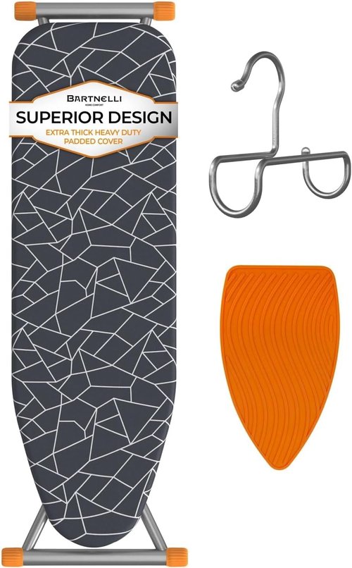Bartnelli Compact Ironing Board - Space-Saving Steel Design | Adjustable Height, 13x43, Bonus Hanger & Silicone Pad