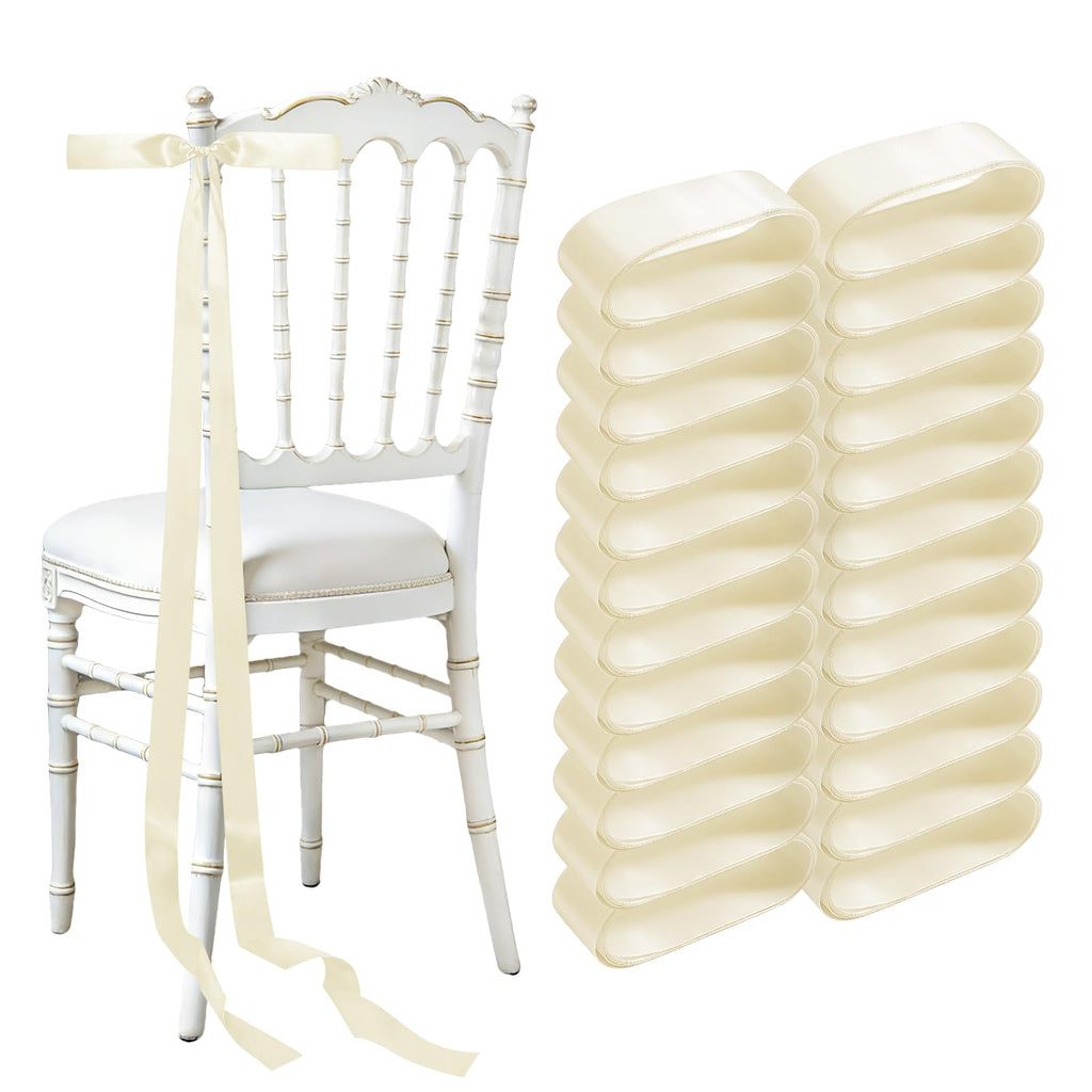 FAKILO 24 Pcs Wedding Bows Decorations Ribbon Satin Bows for Chairs, Wedding Chair Decorations-Ivory White
