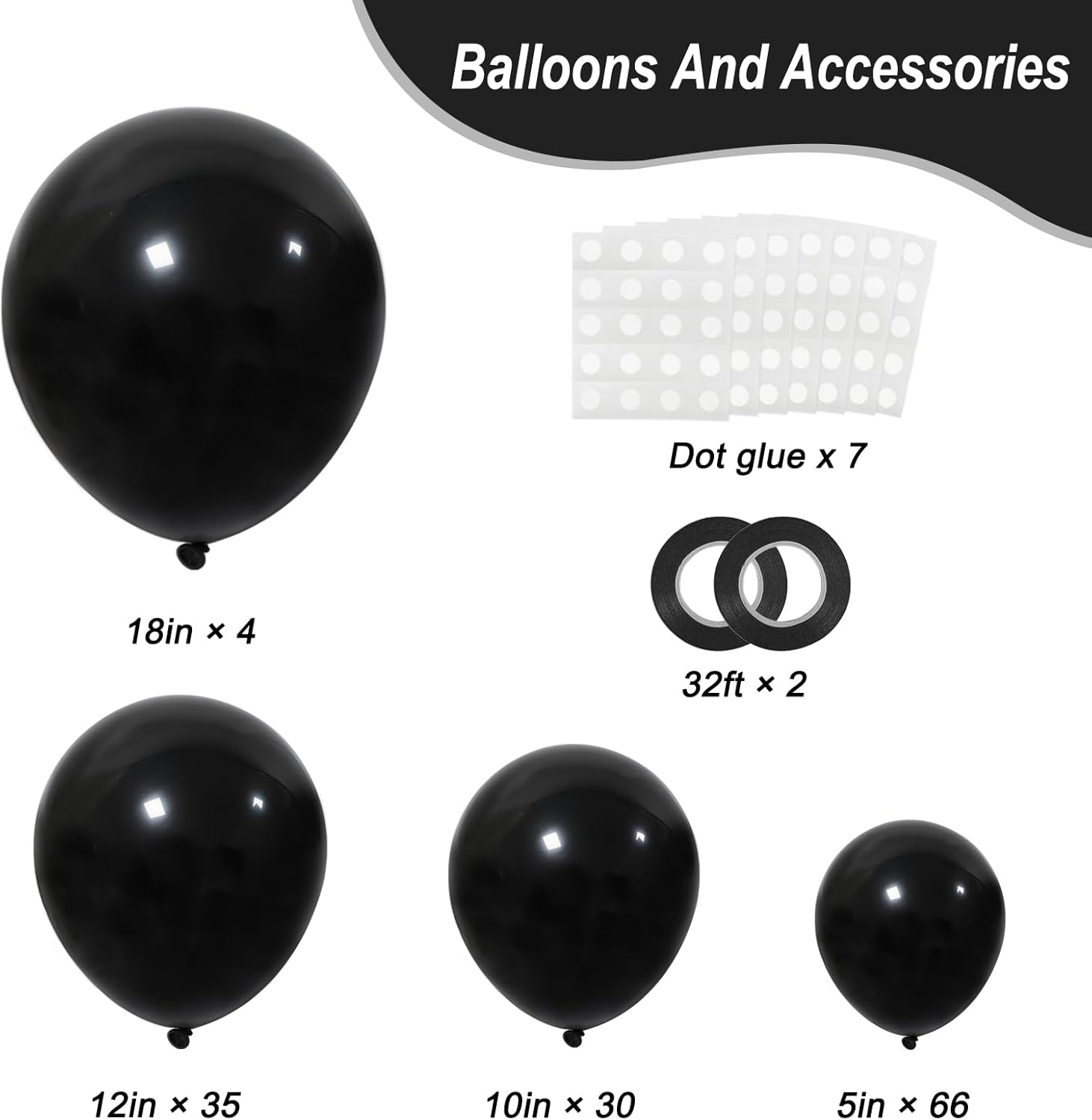 RUBFAC Black Balloons - 135pcs in Various Sizes (5-18 Inch) for Halloween, Birthday & Wedding Decor