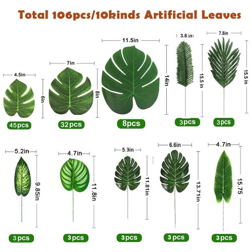 Ledoira 106Pieces 10 Kinds Artificial Palm Leaves Tropical Leaves with Stems Jungle Leaves Decorations for Hawaiian Luau Party Beach Baby Shower Wedding Birthday