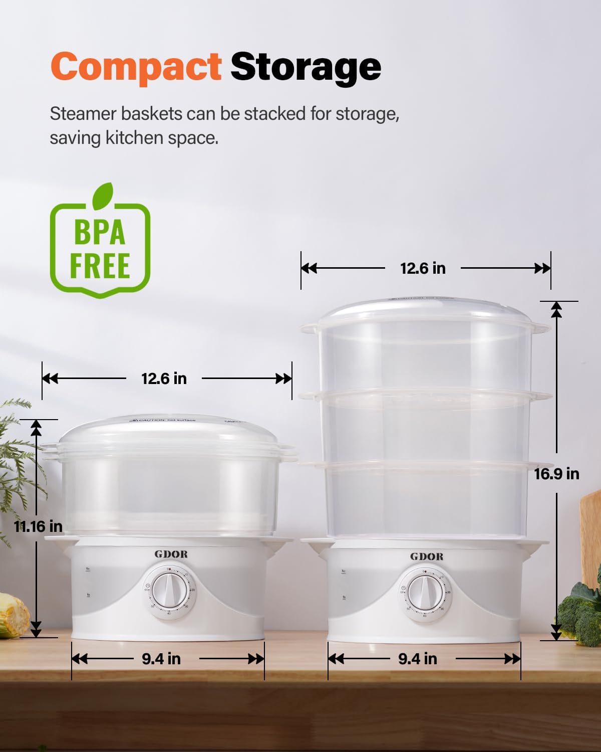 GDOR 3 Tier Electric Food Steamer for Cooking, 800W Vegetable Steamer for Fast Simultaneous Cooking, Dishwasher Safe, Boil Dry Protection, 60-Minute Timer, BPA-Free, 9.6 QT, White
