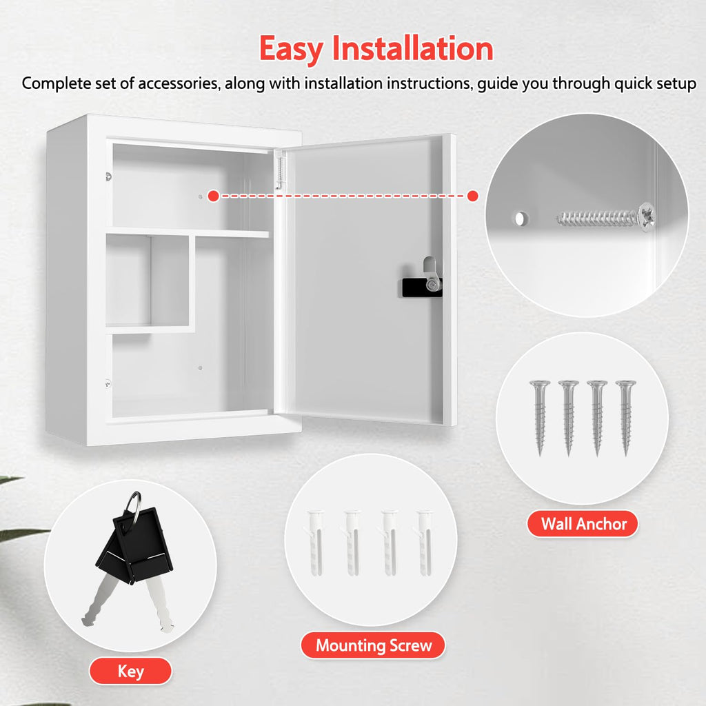 Wall-Mount Locking Medicine Cabinet: Large Metal Storage Organizer Box with Combination & Key Lock - First Aid Medicine Cabinet 3-Compartment Design for Bathroom Home (15.75" H x 11.82" W x 4.72" D)