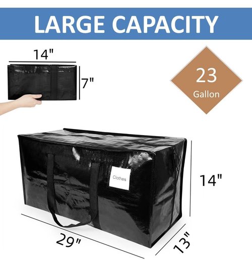 6 Pack Extra Large Moving Bags with Reinforced Handles, Heavy-Duty Storage Tote for Dorm Room Essentials with Strong Zipper,Packing Moving Boxes for College Supplies,Black