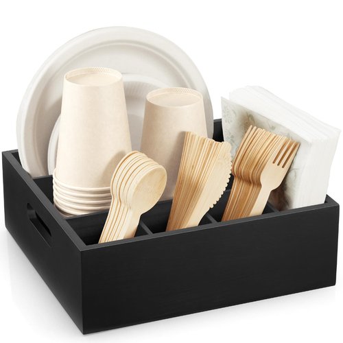 GCWSTJK Wood Utensil Holder for Party, 6-Compartment Paper Plate Organizer with Handles, Wooden Silverware Caddy for Picnic, Camping, BBQ, Buffet, and Kitchen Countertop Organization, Black