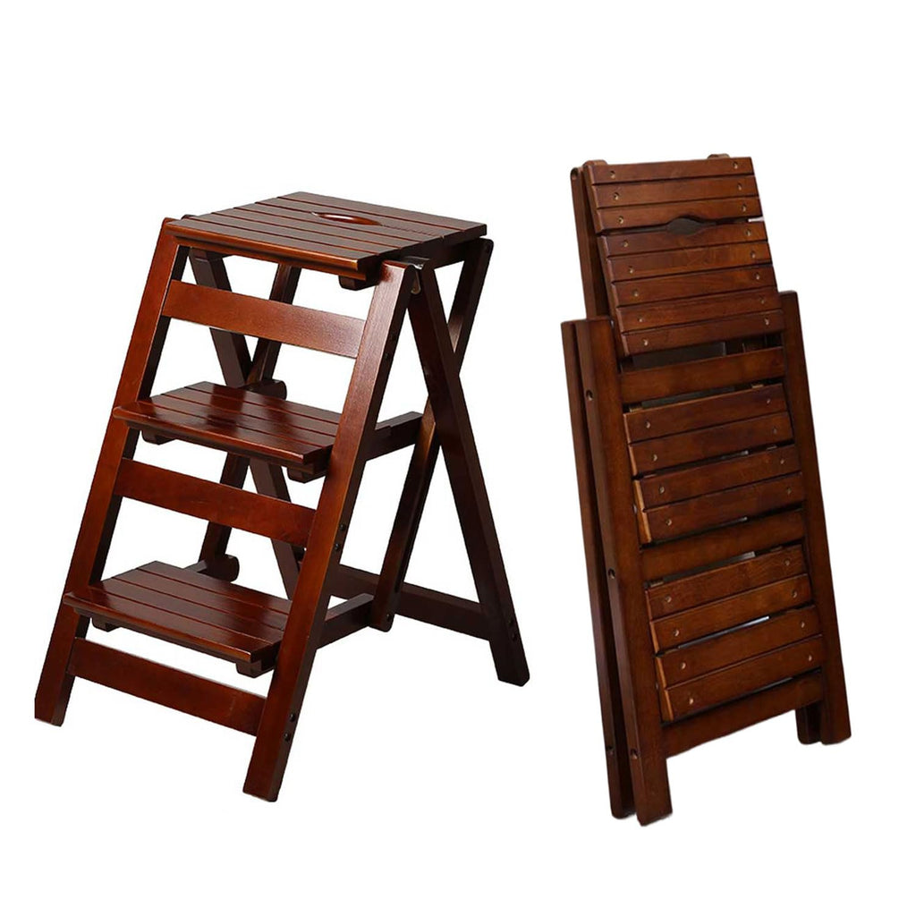 3-Step Ladder Stool, Wooden Folding Step Stool for Home & Kitchen, Solid Pine with Non-Slip Steps & Anti-Scratch Shoe Covers, 337lb Weight Capacity, Space-Saving, No Assembly Required (Walnut)