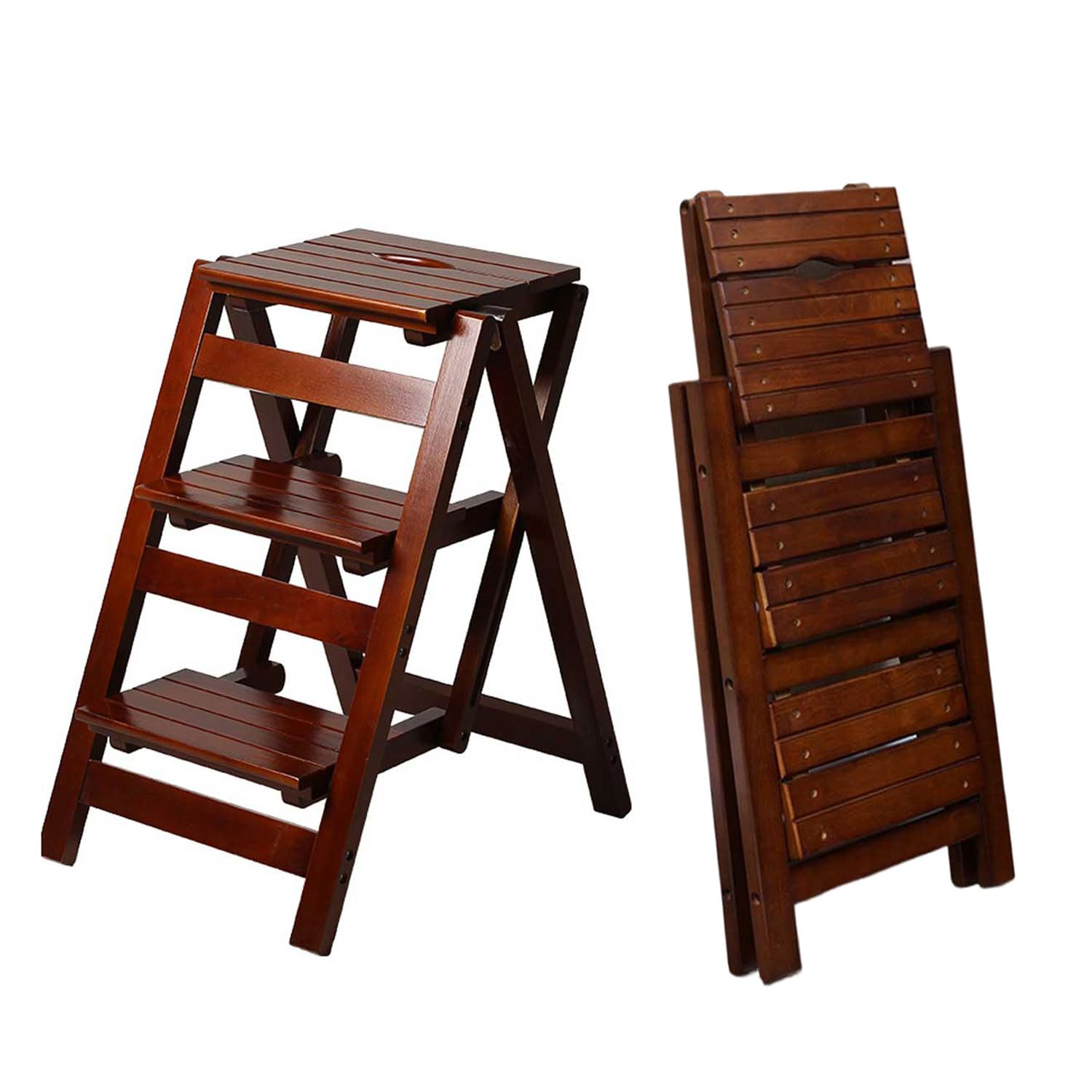 3-Step Ladder Stool, Wooden Folding Step Stool for Home & Kitchen, Solid Pine with Non-Slip Steps & Anti-Scratch Shoe Covers, 337lb Weight Capacity, Space-Saving, No Assembly Required (Walnut)