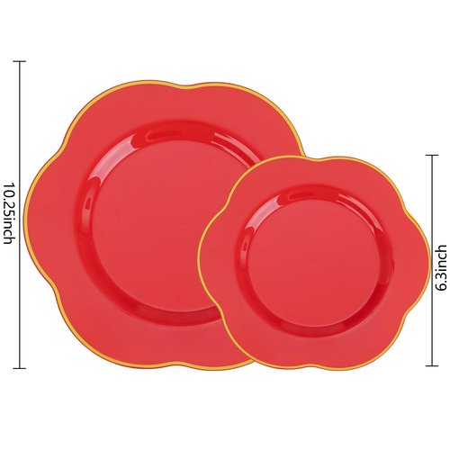 Liacere 100PCS Red Plastic Plates - 50 Guests Red and Gold Disposable plastic plates Heavy Duty - 50 Dinner (10.25") 50 Dessert (7.5") Plate - BPA-Free Food - Safe for Party & Valentine's Day