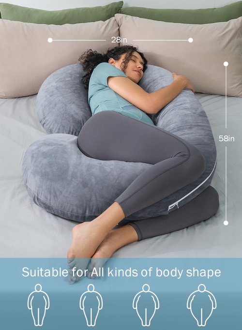 INSEN Pregnancy Pillow - C Shaped Maternity Pillow with Jersey Cotton Cover | Gray Color for Comfort