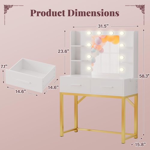 Furmax Vanity Desk with Mirror and LED Light Bulb, Small Makeup Vanity Table with Drawers, Dressing Table with Power Outlet and Hair Drayer Holder for Bedroom (White & Gold)