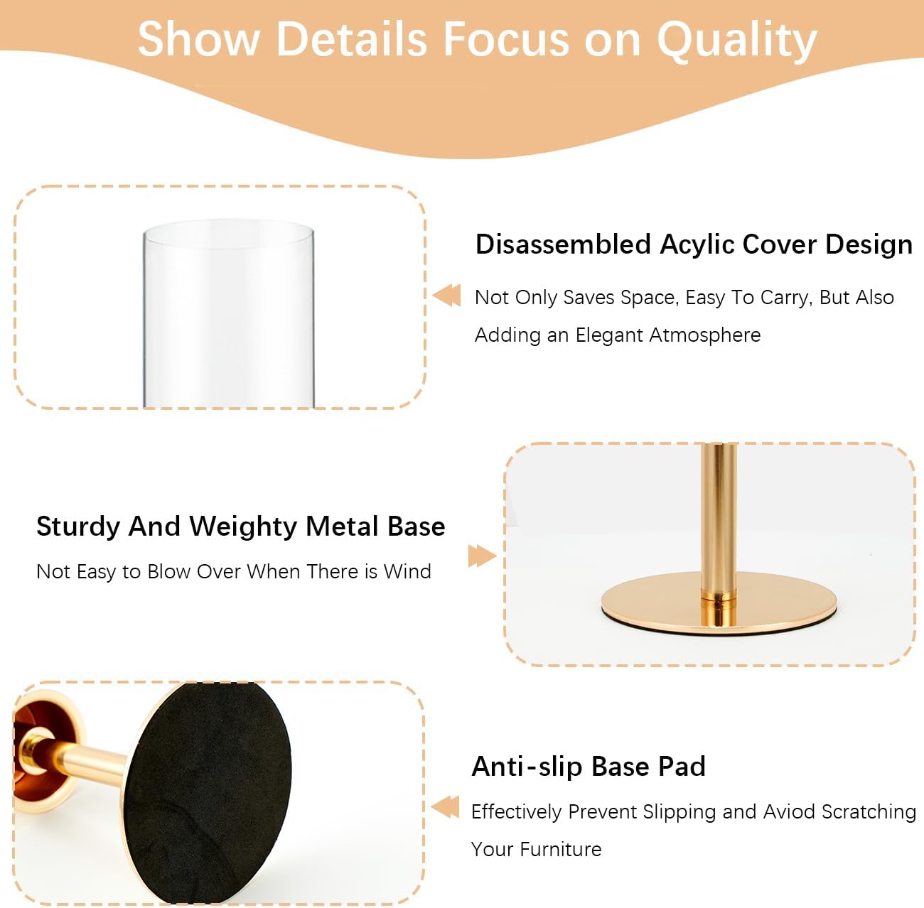 VINCIGANT 6PCS Acrylic Candle Holders - Elegant Metal Tall Holders with Acrylic Lampshade | Gold Centerpiece for Weddings & Parties