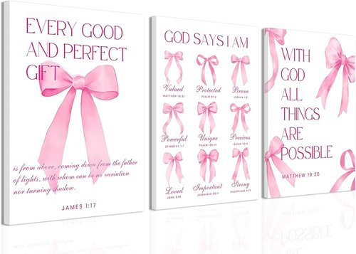 Coquette | Pink Bow Wall Art Decor - Inspirational Bible Verses Canvas Posters | 12x16 Inch Set of 3 for Teen Girls