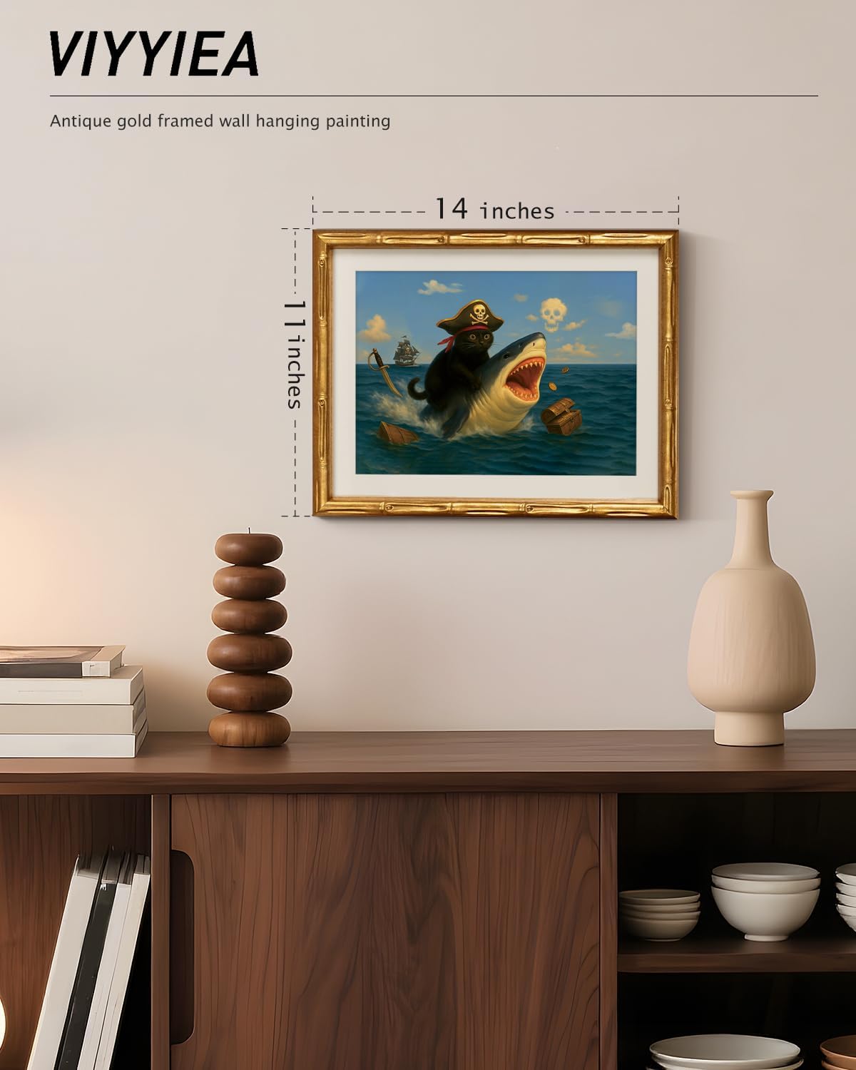 VIYYIEA Gold Framed Bamboo Detail Wall Art - Halloween Pirate Cat Skeleton Canvas Print, 11 x 14 Inch