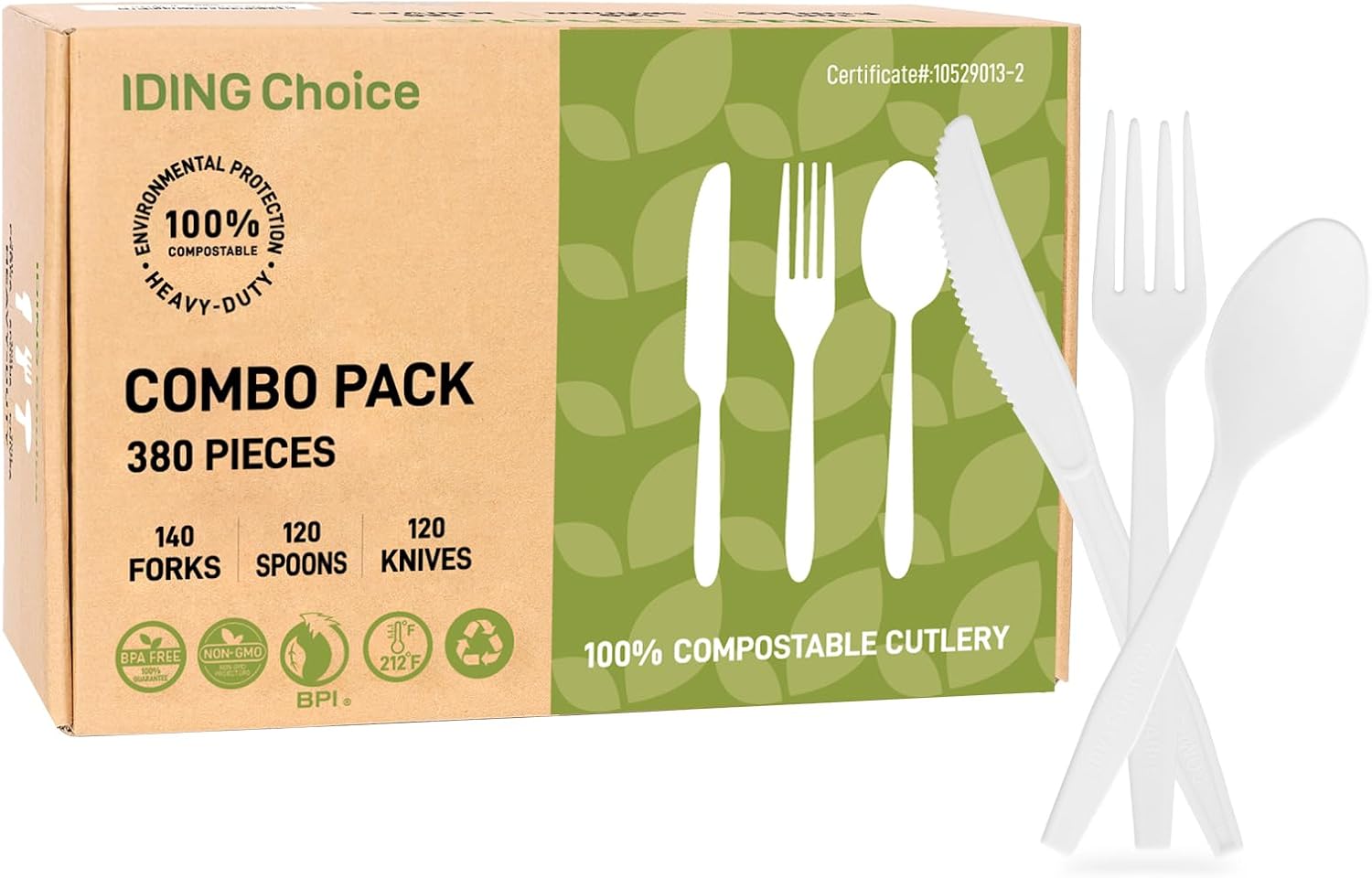Skiennix 380 Count Heavy Duty Compostable Cutlery Set - Eco-Friendly Silverware for Events | Forks, Spoons & Knives