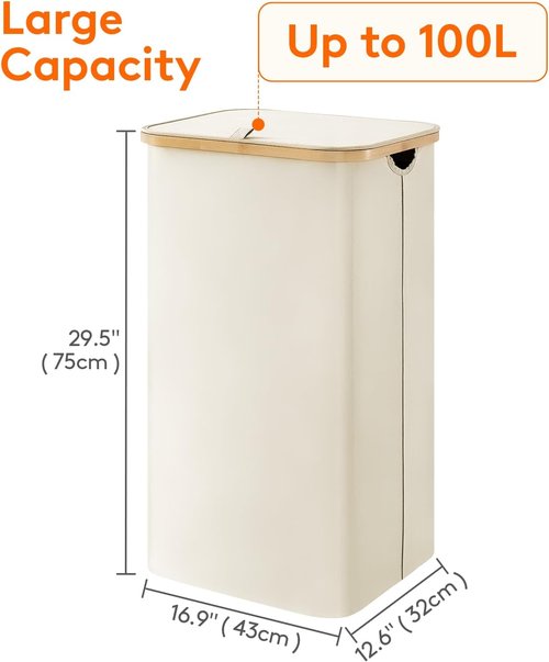 Lifewit 100L Laundry Basket - Foldable Hamper with Lid & Bamboo Handles | Large White Design