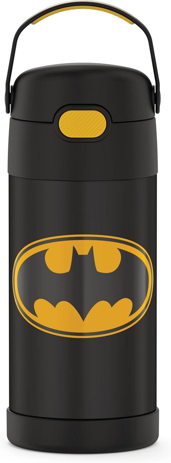 THERMOS FUNTAINER Water Bottle - 12 Ounce Kids Stainless Steel Vacuum Insulated with Straw | Batman Design