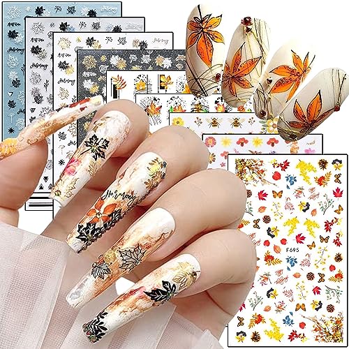 Vezocim Fall Maple Leaf Nail Art Stickers 3D Self-Adhesive Decals 9 Sheets