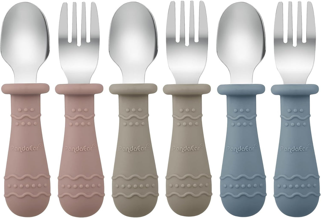 PandaEar Kids Utensils Set - 6 Pack Stainless Steel & Silicone Spoons and Forks | Dishwasher Safe (Blue/Brown/Red)
