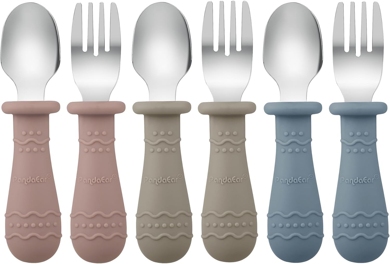 PandaEar Kids Utensils Set - 6 Pack Stainless Steel & Silicone Spoons and Forks | Dishwasher Safe (Blue/Brown/Red)