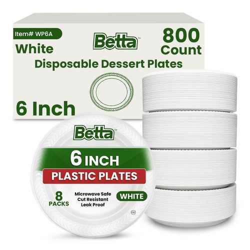 Betta 6-Inch Disposable Plastic Dessert Plates, White, 800 Count, Bulk Case for Schools, Breakrooms and Cafeteria, Microwave Safe (8 Pack Per Box x100)