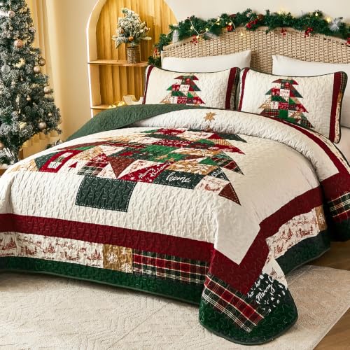 Dobuyly Patchwork Christmas Queen Quilt Set with Tree Farmhouse Design - Queen, Christmas Tree