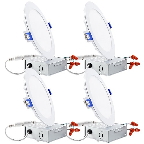 TORCHSTAR 6 Inch Ultra-Thin LED Recessed Light with Junction Box, 2700K Soft White, 12W 100W Eqv. Dimmable Slim LED Downlight, ETL and Energy Star Certified, Pack of 4