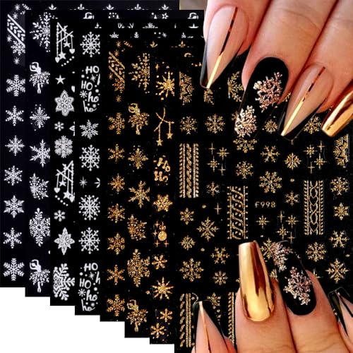 Snowflake Nail Art Stickers, Winter Decals 3D Self-Adhesive Gold