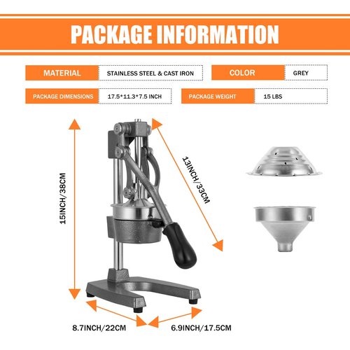 Gowintech Commercial Heavy Duty Cast Iron Hand Press Manual Orange Citrus Lemon Lime Grapefruit Pomegranate Fruit Juice Squeezer Machine with Stainless Steel Cup Grey