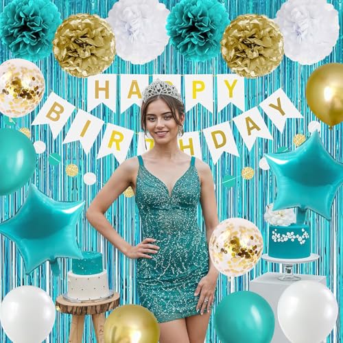 Teal and Gold Birthday Party Decoration Kit with Banner, Balloons, and Fringe