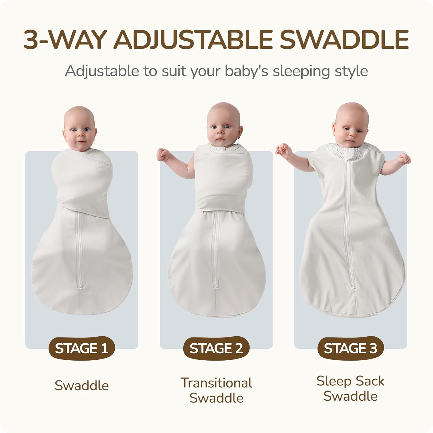 Skiennix Swaddle Sack - Safe Sleep for Newborns | Breathable 100% Cotton, 3-Way Adjustable, Grey, 3-6 Months
