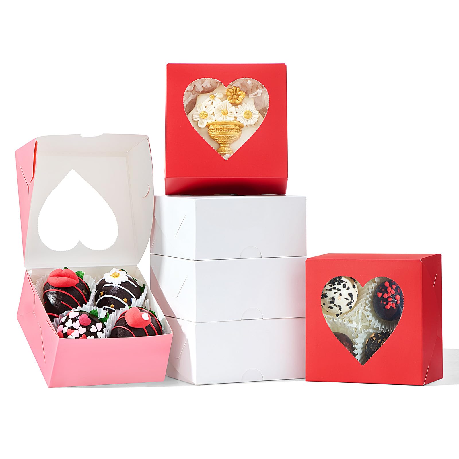 SLShePack 48Pack 4x4x2 Bakery Treat boxes with Heart Shaped Window Cookies Boxes Mini Baking Boxes for Cake Pie Cinnamon Roll Treat Chocolate Truffle Valentine's Day Favor