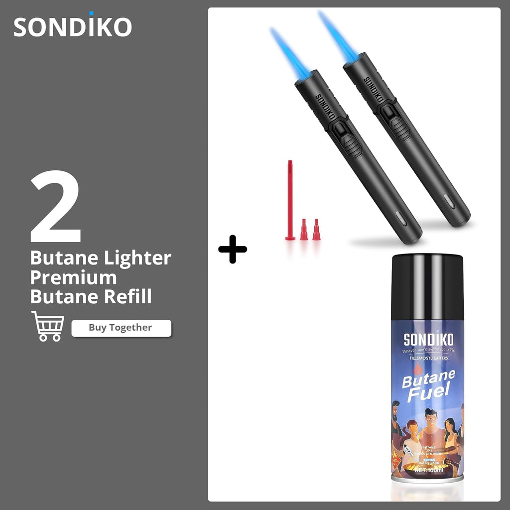 Sondiko Torch Lighter - Refillable Butane Lighter with Adjustable Jet Flame & Metal Shell | Includes Butane Refill Kit