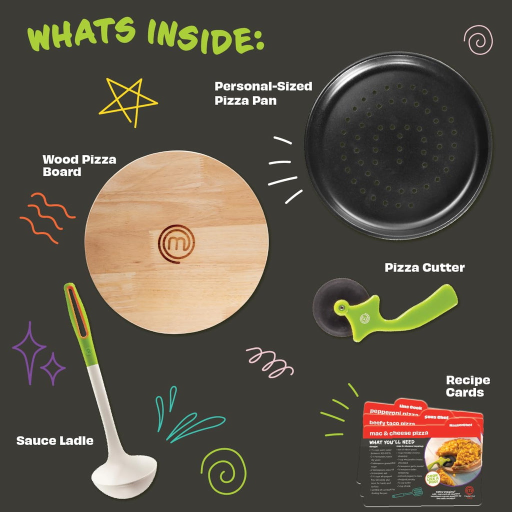MasterChef Junior Pizza Cooking Set - 5 Pc Kit Includes Real Cookware for Kids w Recipes, Board, Roller - Make Homemade Pizza, Birthday Holiday Gifts