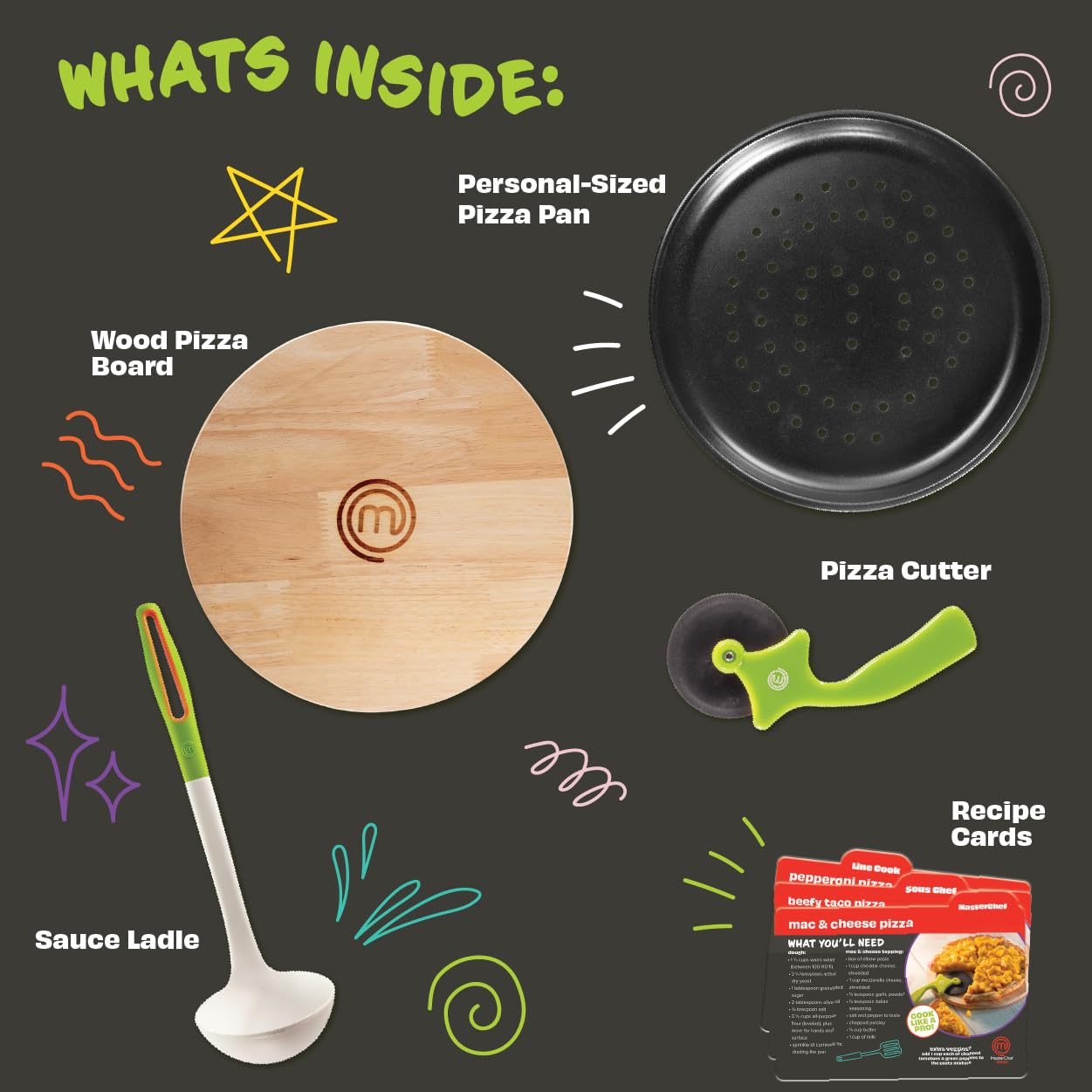 MasterChef Junior Pizza Cooking Set - 5 Pc Kit Includes Real Cookware for Kids w Recipes, Board, Roller - Make Homemade Pizza, Birthday Holiday Gifts