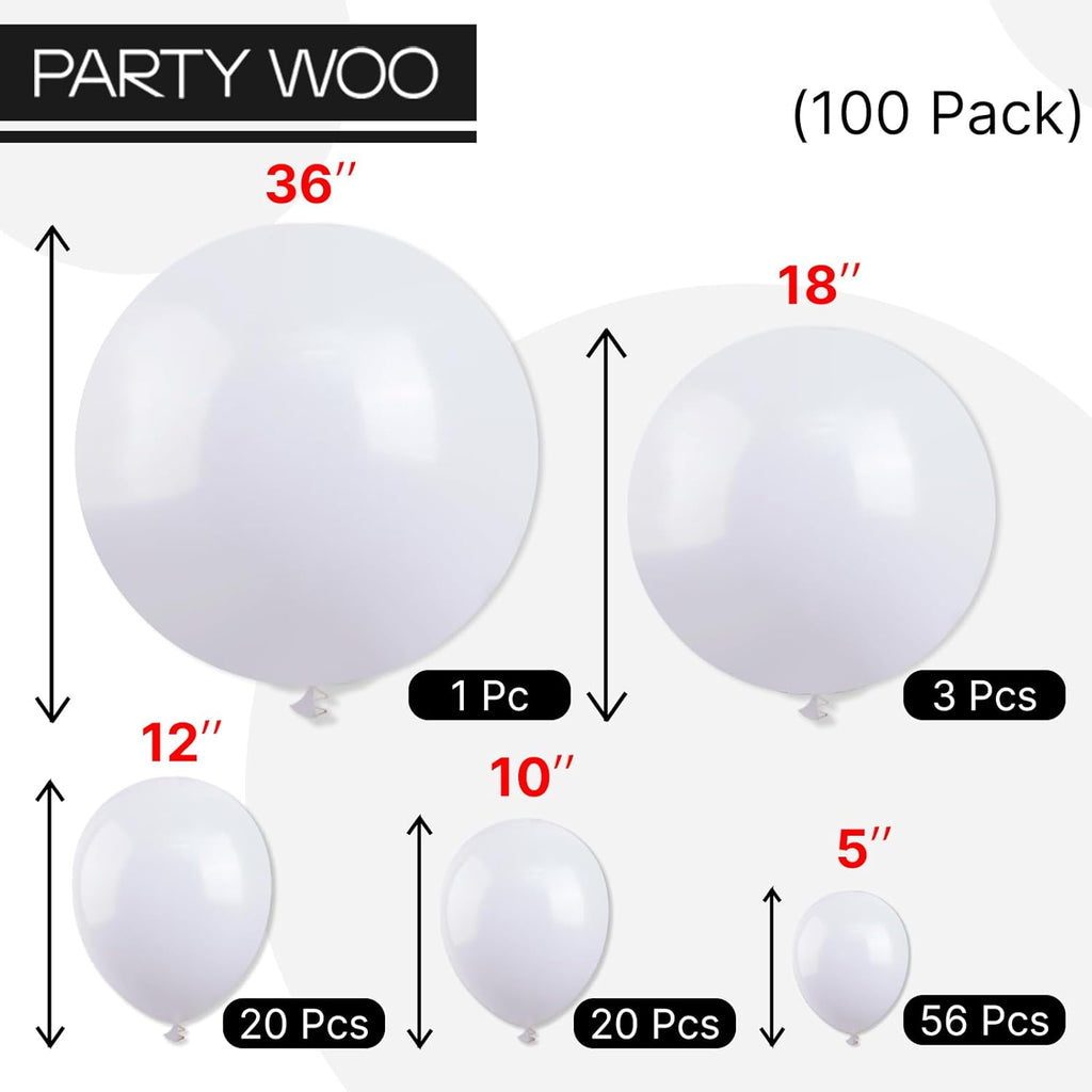 PartyWoo White Balloons - 100 Pcs Matte Latex Balloon Arch Kit | 36, 18, 12, 10, 5 Inch for Weddings & Events