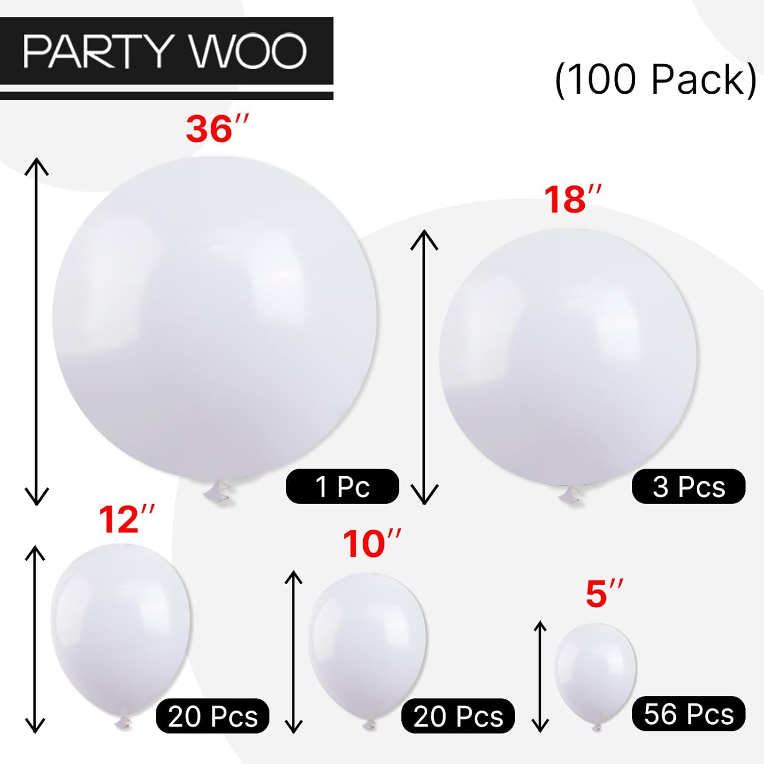 PartyWoo White Balloons - 100 Pcs Matte Latex Balloon Arch Kit | 36, 18, 12, 10, 5 Inch for Weddings & Events