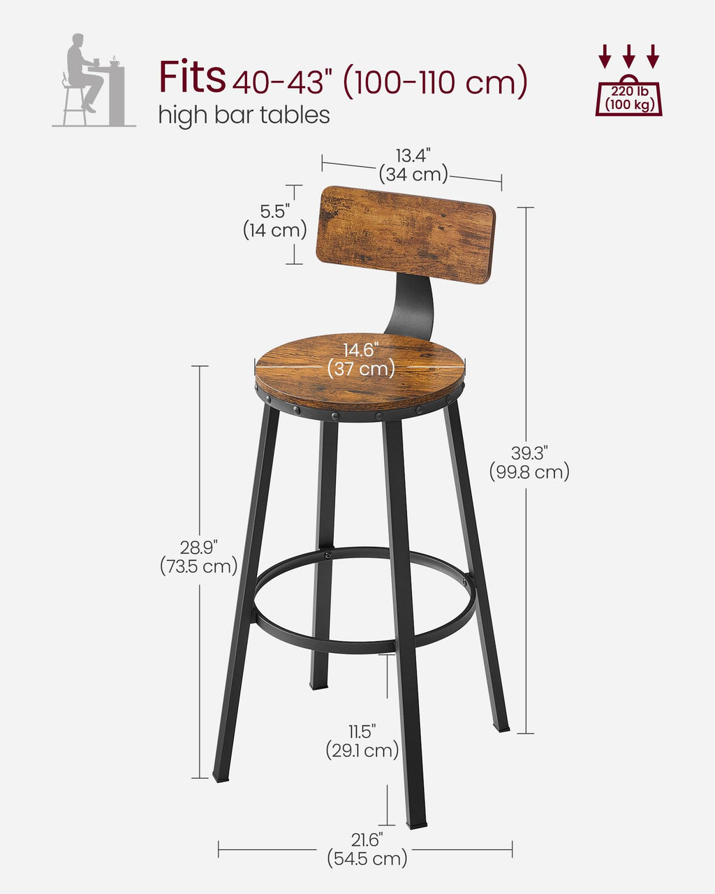 VASAGLE Bar Stools Set of 2, Bar Height Stools, 28.9 Inches Counter Barstools Chairs with Back for Dining Kitchen Island, Steel Frame, Industrial Style, Easy Assembly, Rustic Brown and Ink Black