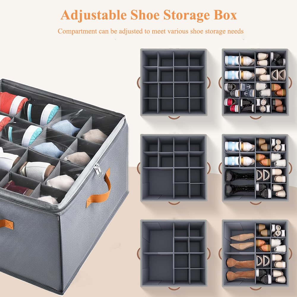 Yagizaai Foldable Shoe Organizer Box for Closet & Under-Bed, Adjustable Dividers, Holds up to 16 Pairs, Stackable, Gray with Clear Cover & Leather Handles, 17x17x12 inch