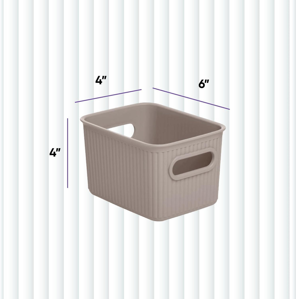Superio Ribbed Collection - Small Taupe Decorative Plastic Storage Bins | 1.5 Liter Organizer for Home