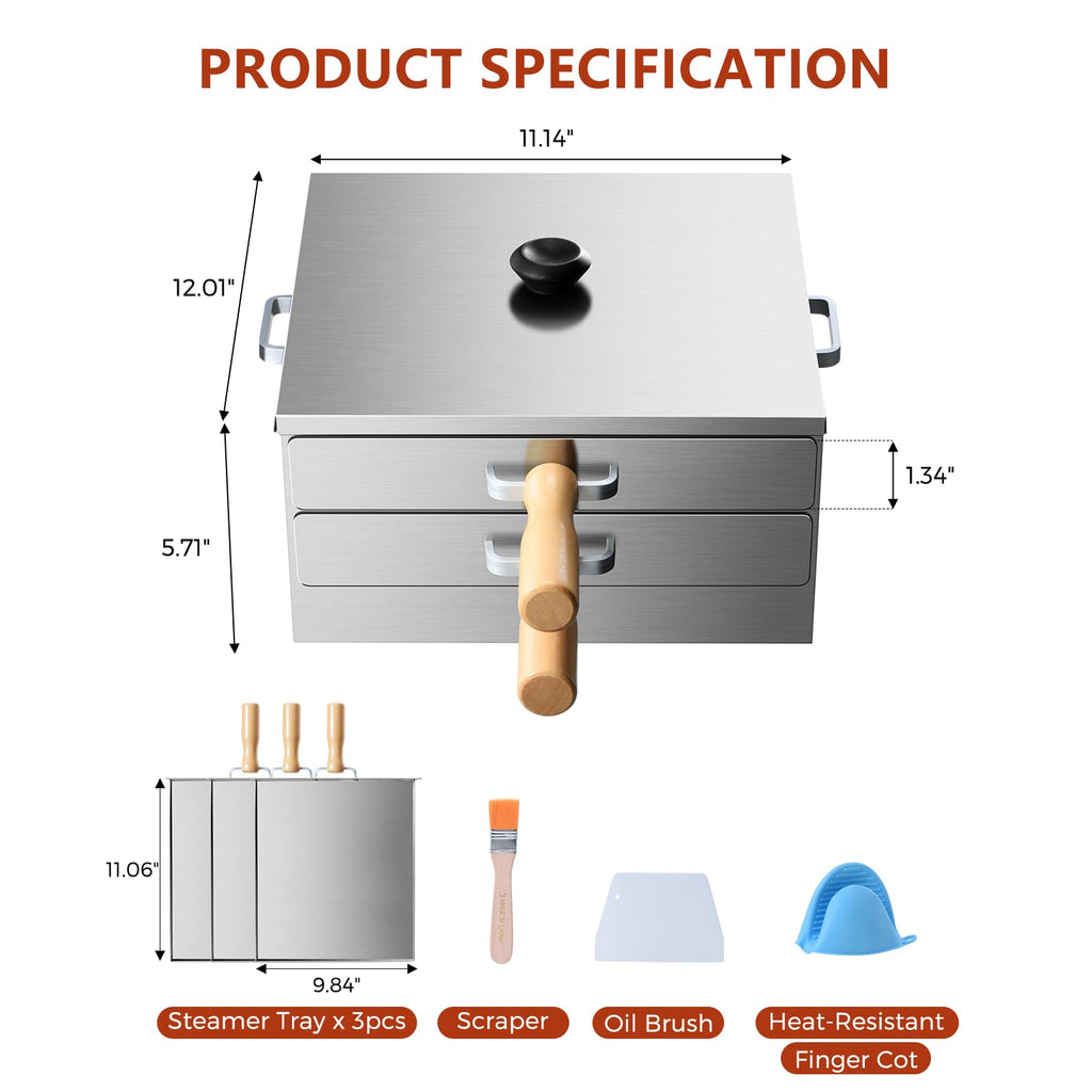 Z-stralink Rice Roll Steamer, Cantonese Stainless Steel 2-Tier Rice Noodles Steamer Machine, Steam Rice Roll Maker with Long Wooden Handle for Commercial and Home Use for Cheung Fun/Dumplings/Dim Sum