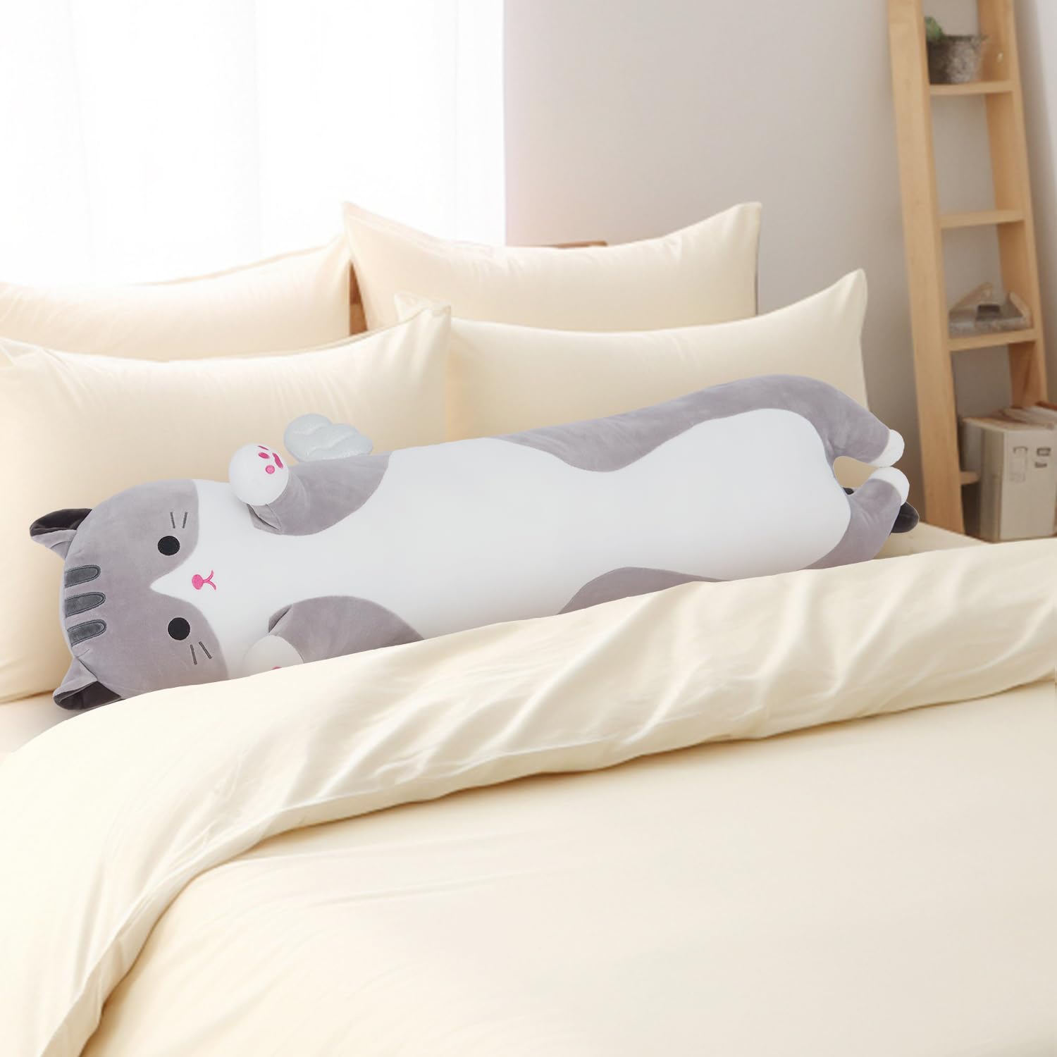 Yeqivo Soft Cat Plush Pillow, Grey Long Cat Stuffed Animals Soft Long Kitten Plushies Kawaii Cat Stuffed Plush Toy for Kids Girlfriend(50cm/19.6inch)