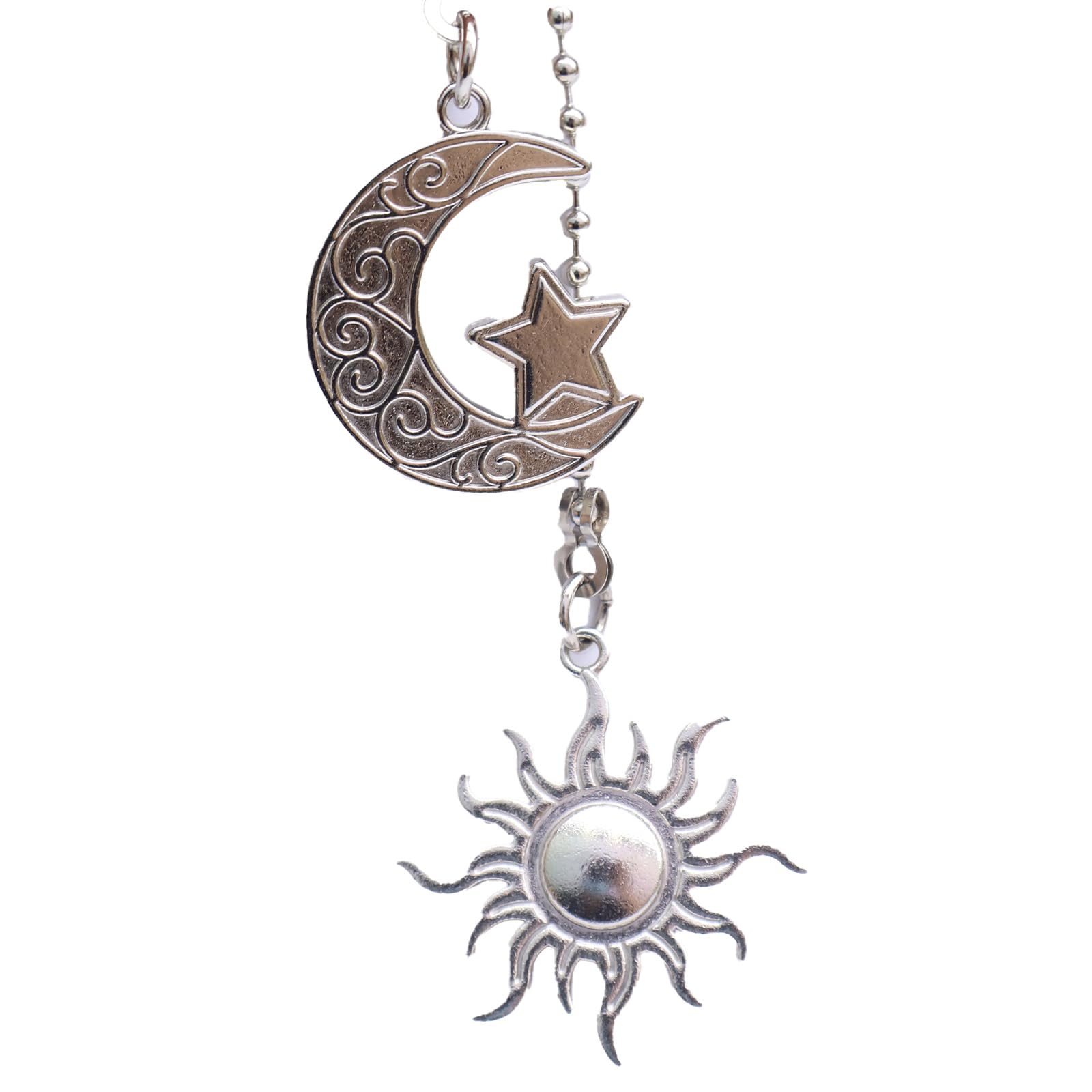 Silver Sun and Moon Zipper Extensions for Ceiling Fans and Lamps, with Ball Chain connectors, 30.48 cm Totem Bohemian Pendant Extender Decorations, 2 Pieces. (Silver)