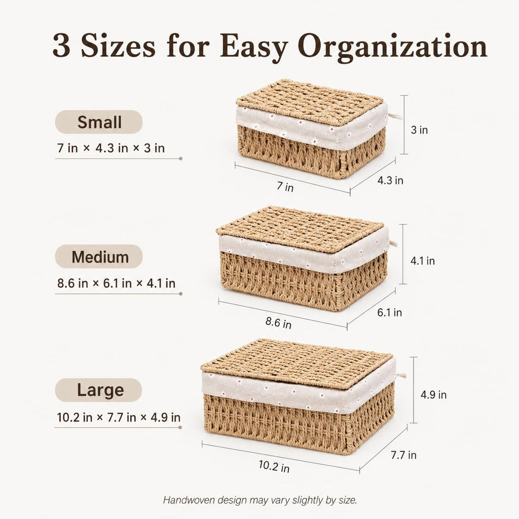 Storage Baskets with Lids, Set of 3 Wicker Baskets with Lids, Khaki Paper Rope Woven Storage Boxes with Removable Liners, Stackable Shelf Bins for Bathroom, Closet, Nursery